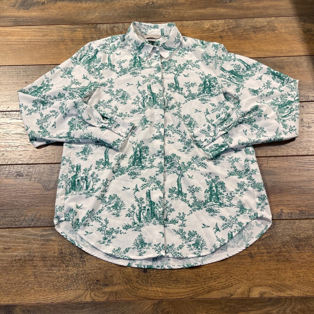 HM Green Toile de Jouy Button Down Shirt White Landscape Print Size 0 Luxury Art